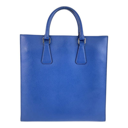 Prada Saffiano Triangle Logo Plate Blue Silver Hardware Leather Tote Bag