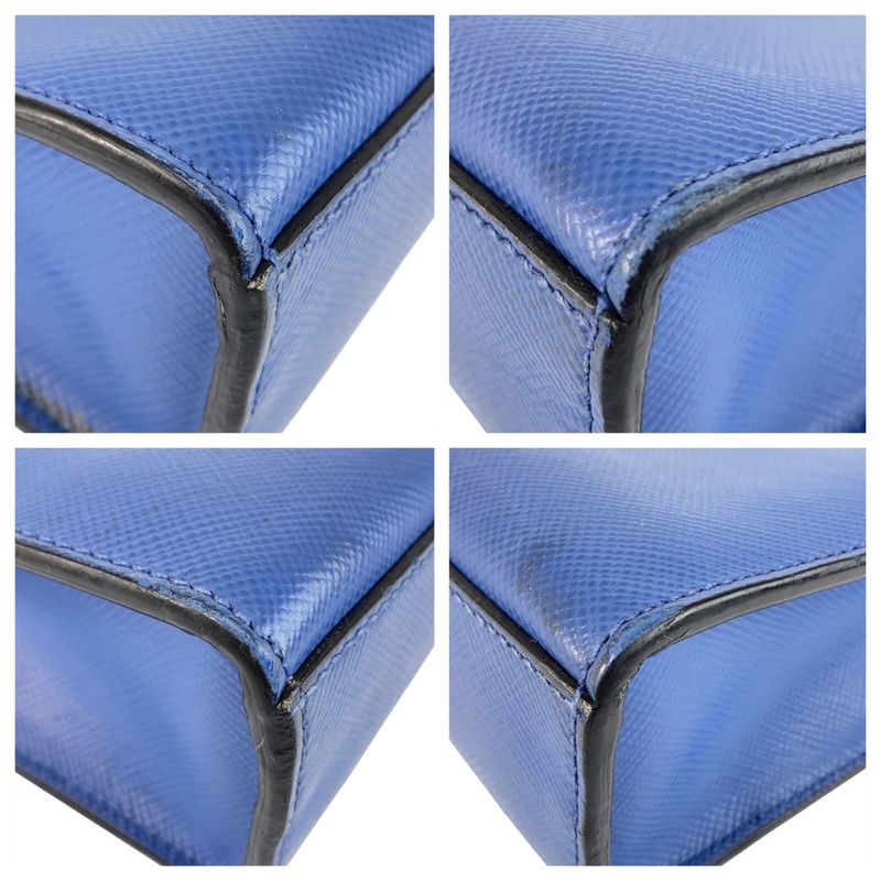 Prada Saffiano Triangle Logo Plate Blue Silver Hardware Leather Tote Bag