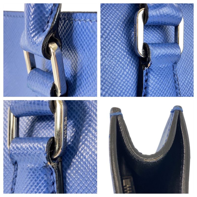 Prada Saffiano Triangle Logo Plate Blue Silver Hardware Leather Tote Bag