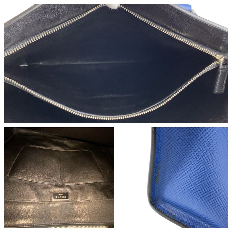 Prada Saffiano Triangle Logo Plate Blue Silver Hardware Leather Tote Bag