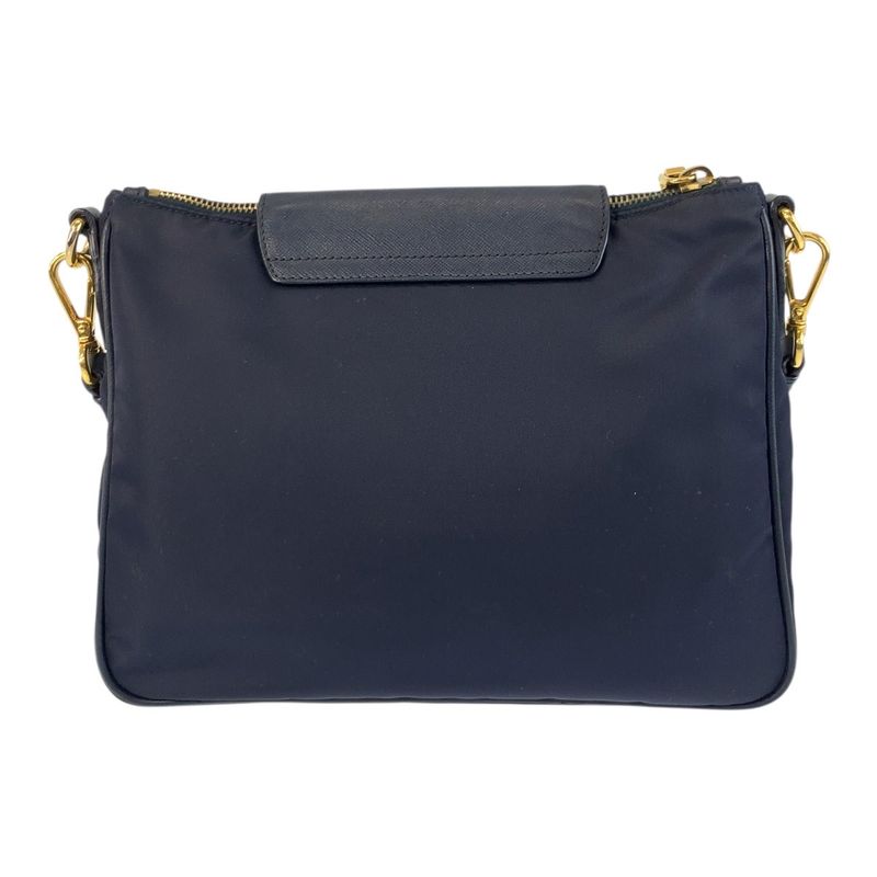Prada Tessuto Triangle Logo Plate Navy Gold Hardware Nylon Leather Shoulder Bag