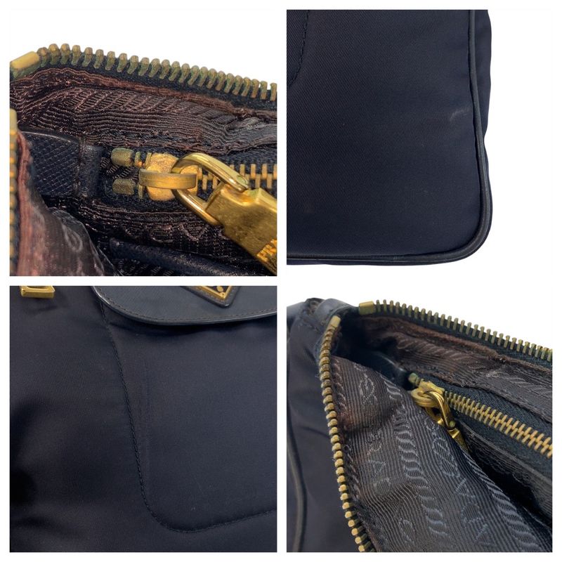 Prada Tessuto Triangle Logo Plate Navy Gold Hardware Nylon Leather Shoulder Bag