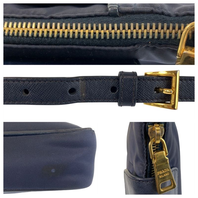Prada Tessuto Triangle Logo Plate Navy Gold Hardware Nylon Leather Shoulder Bag