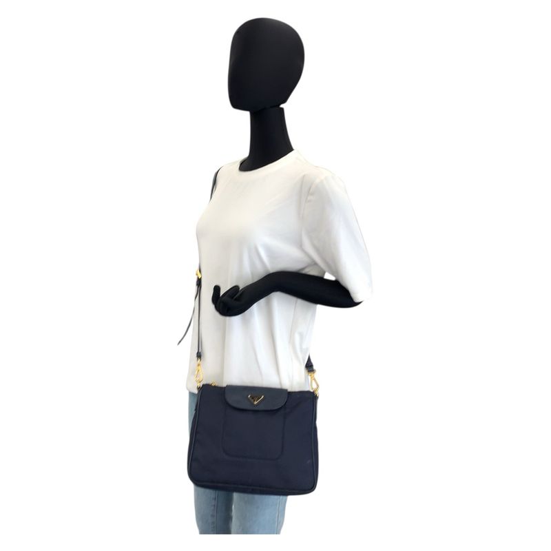Prada Tessuto Triangle Logo Plate Navy Gold Hardware Nylon Leather Shoulder Bag