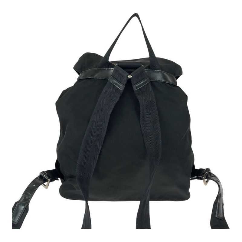 Prada Tessuto Triangle Logo Plate Black Silver Hardware Nylon Leather Backpack