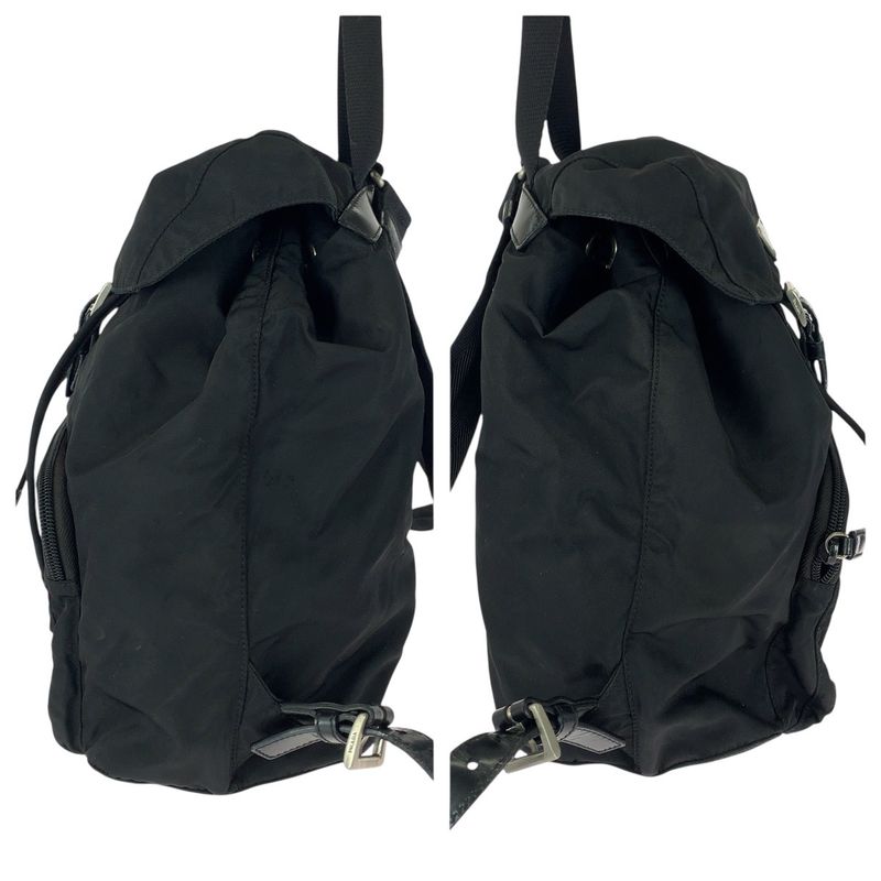 Prada Tessuto Triangle Logo Plate Black Silver Hardware Nylon Leather Backpack