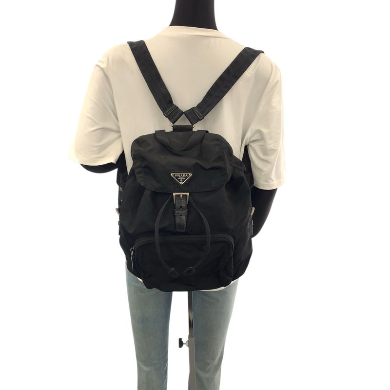 Prada Tessuto Triangle Logo Plate Black Silver Hardware Nylon Leather Backpack