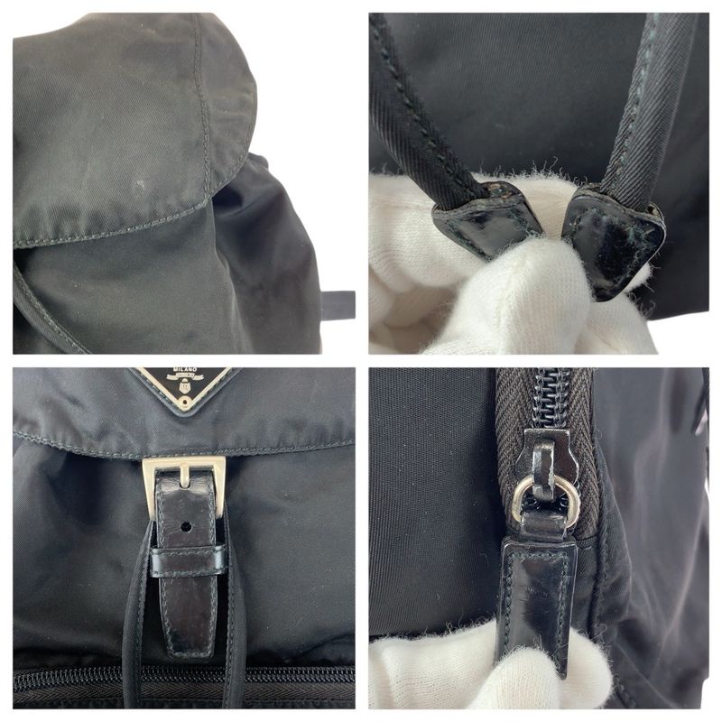 Prada Tessuto Triangle Logo Plate Black Silver Hardware Nylon Leather Backpack