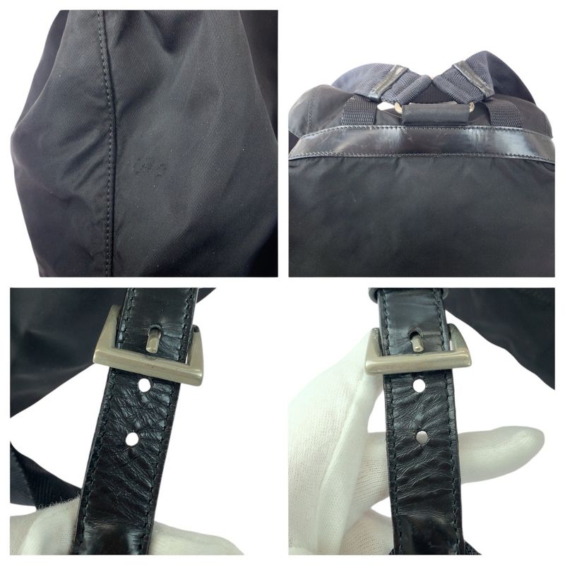 Prada Tessuto Triangle Logo Plate Black Silver Hardware Nylon Leather Backpack