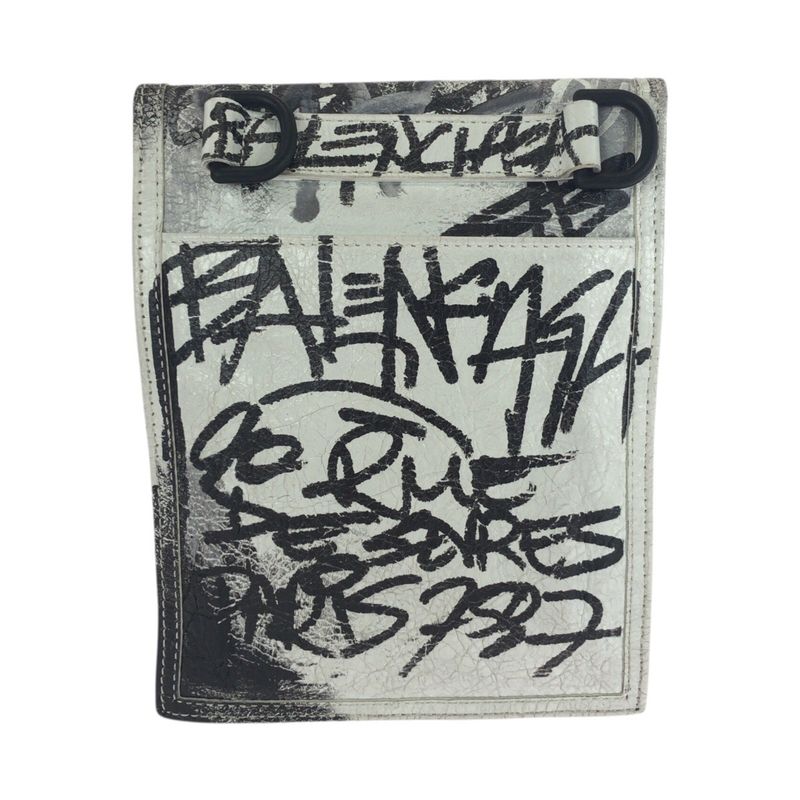 Balenciaga Graffiti Explorer White Black Leather Shoulder Bag Pochette Women's