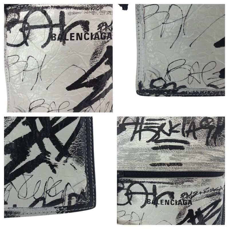 Balenciaga Graffiti Explorer White Black Leather Shoulder Bag Pochette Women's
