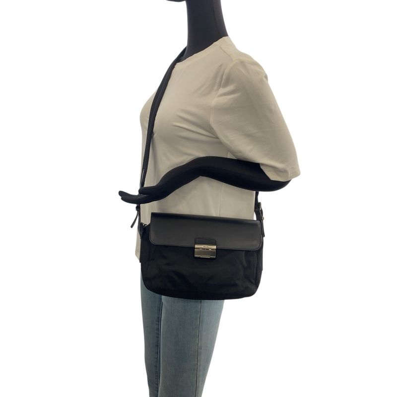 Prada Tessuto Black Gunmetal Hardware Nylon Leather Shoulder Bag Messenger Bag
