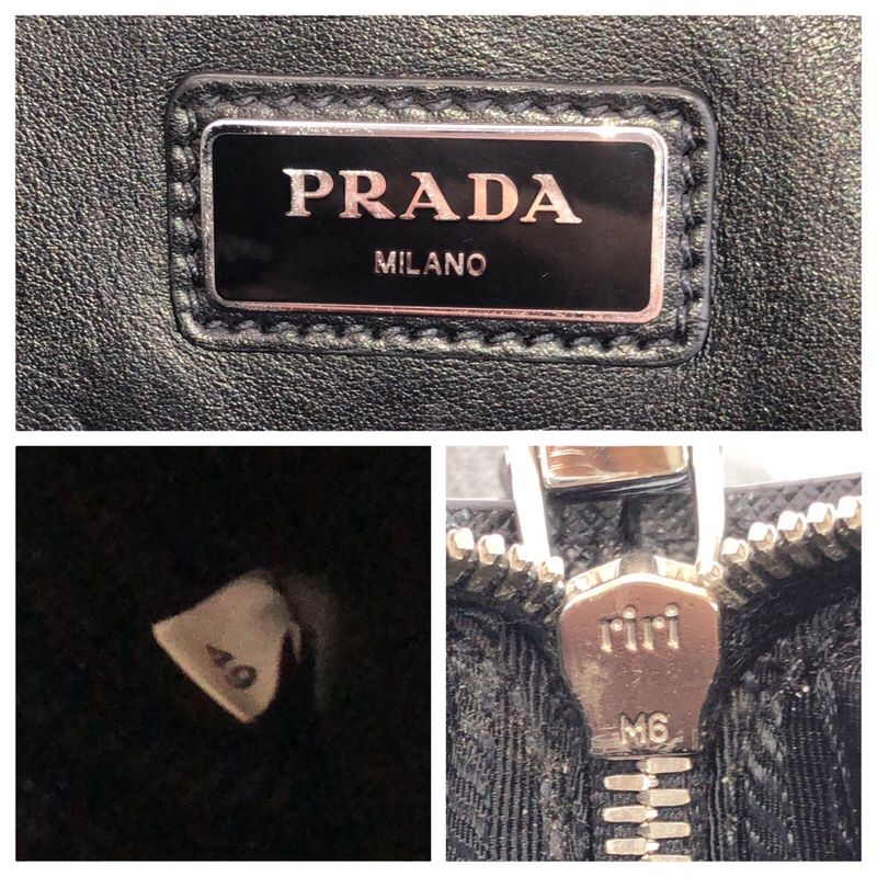 Prada Saffiano L-shaped Zipper Black Gray Silver Hardware Leather Clutch Bag