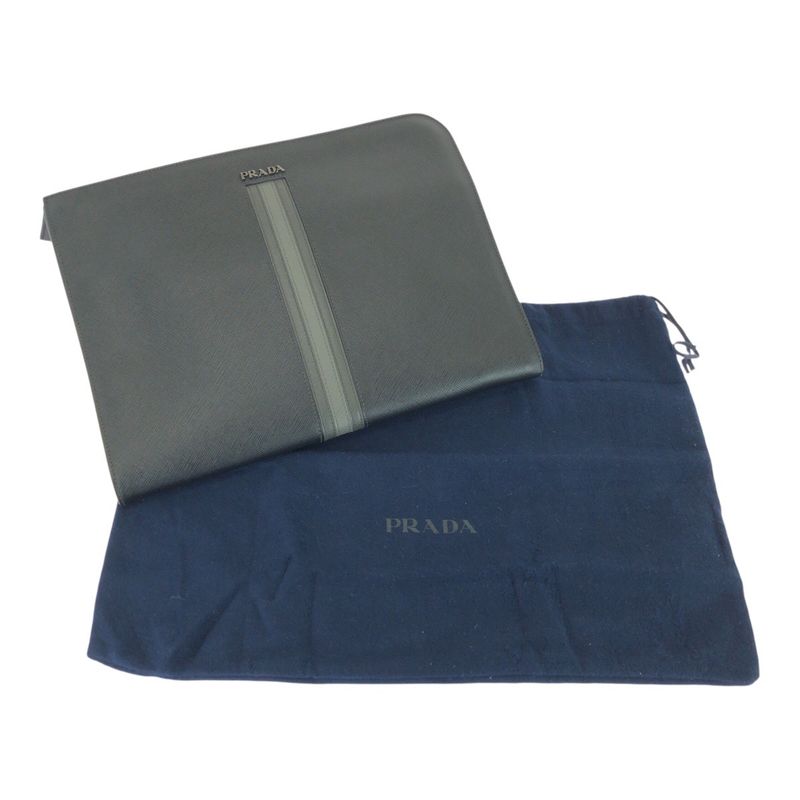 Prada Saffiano L-shaped Zipper Black Gray Silver Hardware Leather Clutch Bag