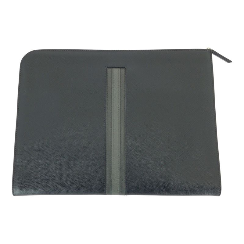 Prada Saffiano L-shaped Zipper Black Gray Silver Hardware Leather Clutch Bag
