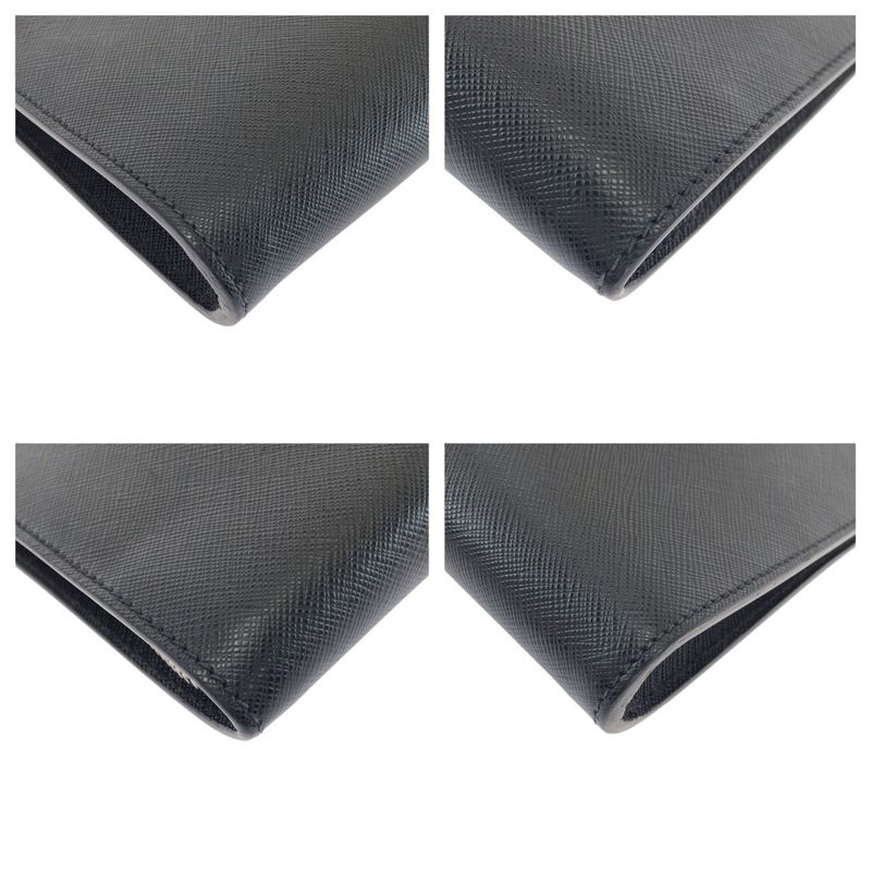 Prada Saffiano L-shaped Zipper Black Gray Silver Hardware Leather Clutch Bag