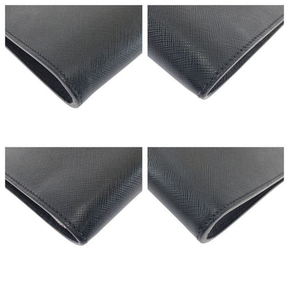 Prada Saffiano L-shaped Zipper Black Gray Silver Hardware Leather Clutch Bag
