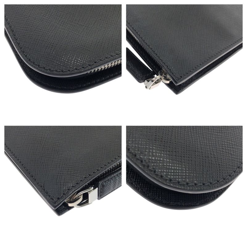 Prada Saffiano L-shaped Zipper Black Gray Silver Hardware Leather Clutch Bag