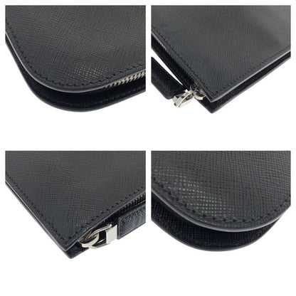 Prada Saffiano L-shaped Zipper Black Gray Silver Hardware Leather Clutch Bag
