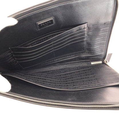 Prada Saffiano L-shaped Zipper Black Gray Silver Hardware Leather Clutch Bag