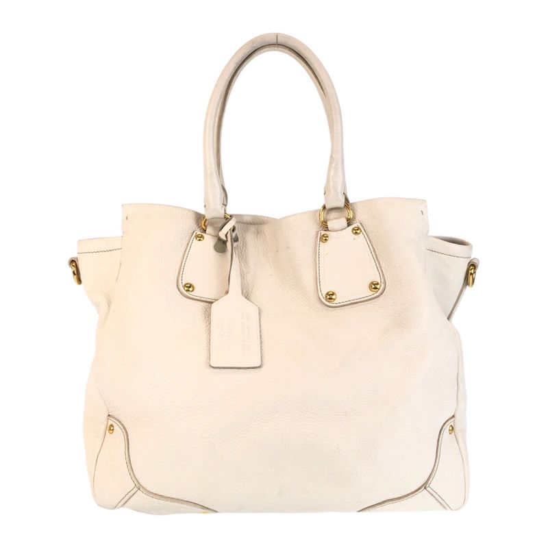 Prada Vitello Dino White Ivory Gold Hardware Leather Tote Bag Shoulder Bag 2way