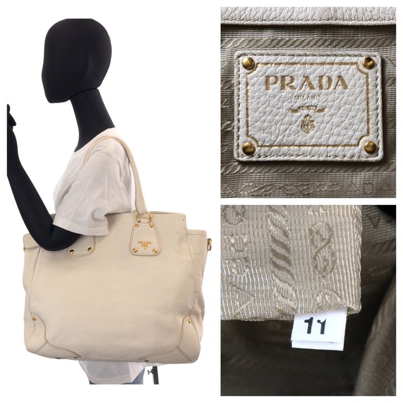 Prada Vitello Dino White Ivory Gold Hardware Leather Tote Bag Shoulder Bag 2way