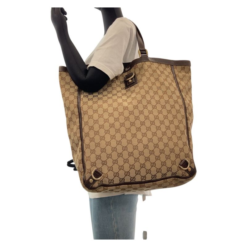 Gucci Abbey Brown Gold Hardware GG Canvas Leather 130733 Tote Bag Shoulder Bag