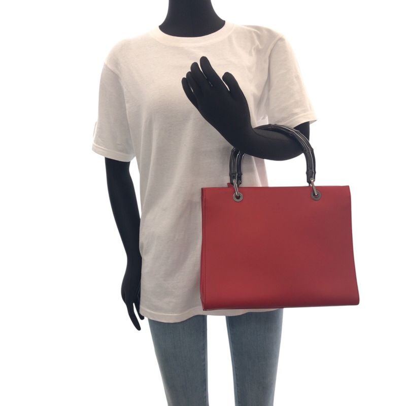 Gucci Bamboo Red Black Leather 012 1016 Tote Bag Shoulder Bag 2-Way Ladies