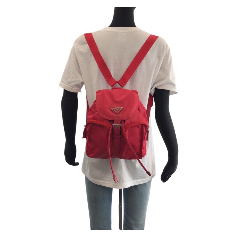 Prada Tessuto Triangle Logo Plate Red Silver Hardware Nylon Leather Rucksack/day