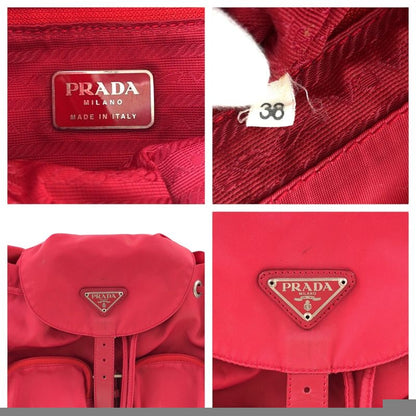 Prada Tessuto Triangle Logo Plate Red Silver Hardware Nylon Leather Rucksack/day