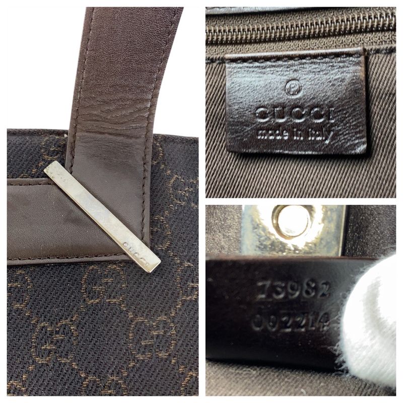 Gucci Brown Silver Hardware GG Canvas Leather 73982 Tote Bag Handbag Ladies