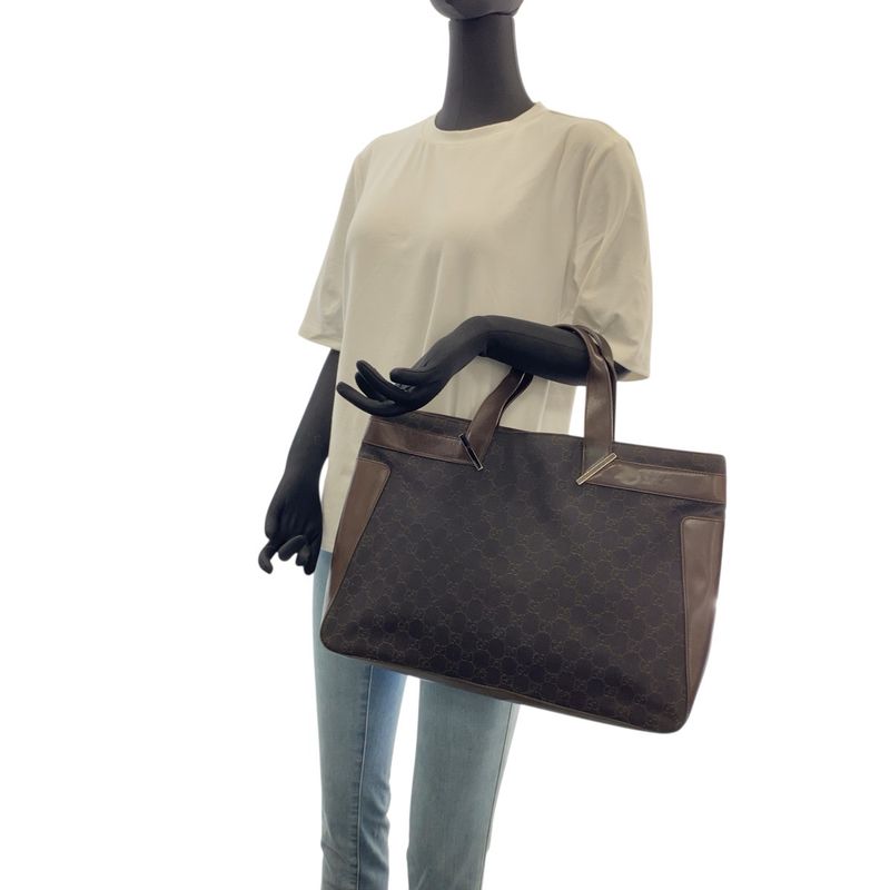 Gucci Brown Silver Hardware GG Canvas Leather 73982 Tote Bag Handbag Ladies