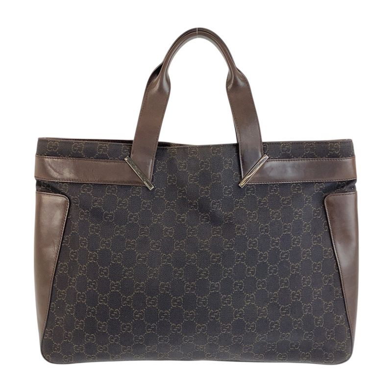 Gucci Brown Silver Hardware GG Canvas Leather 73982 Tote Bag Handbag Ladies