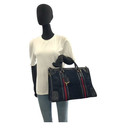Gucci Sherry Line Navy Gold Hardware Suede Leather Handbag Women's 506744