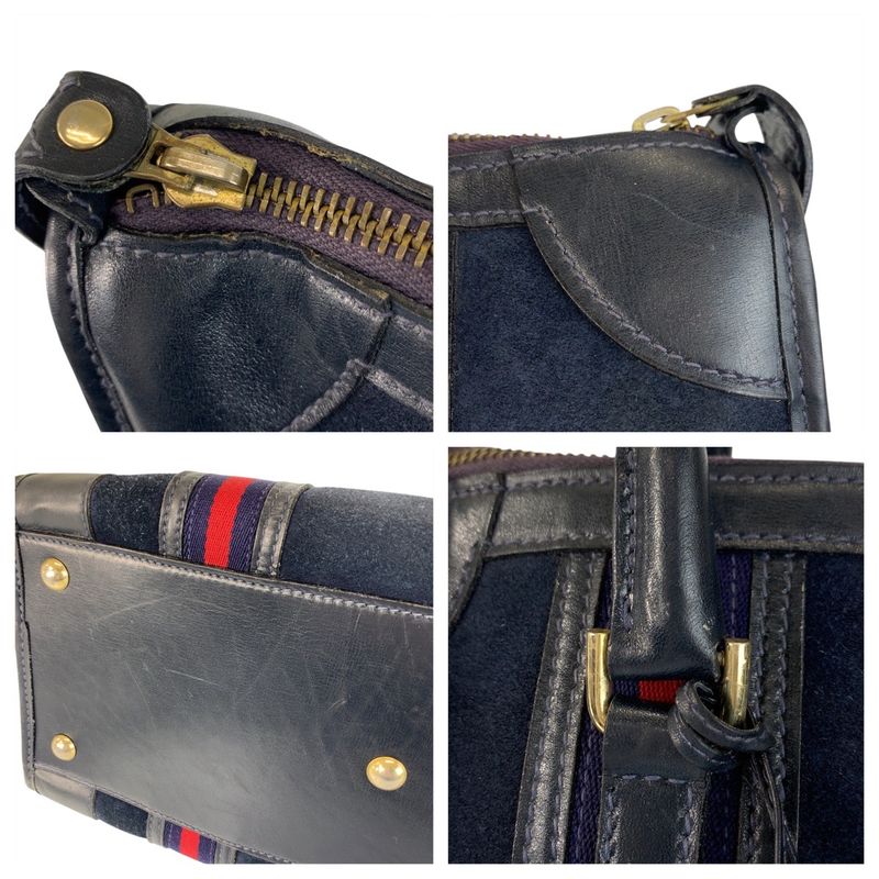 Gucci Sherry Line Navy Gold Hardware Suede Leather Handbag Women's 506744
