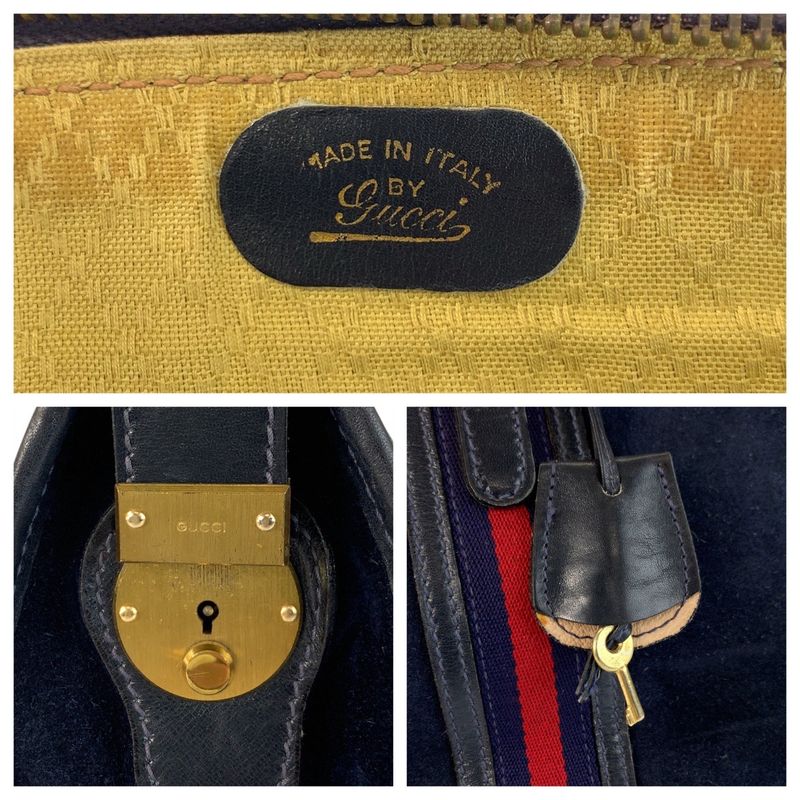 Gucci Sherry Line Navy Gold Hardware Suede Leather Handbag Women's 506744