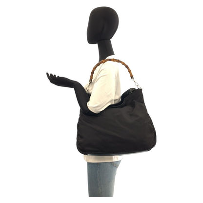 Gucci Bamboo Black Silver Hardware Nylon 001 1577 Shoulder Bag Ladies 506812