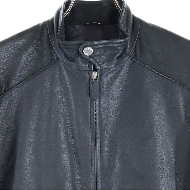 Hermes Neck Button Cow Leather Single Riders Jacket Black