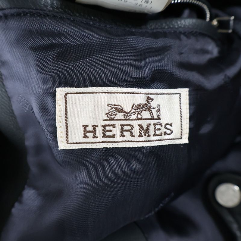 Hermes Neck Button Cow Leather Single Riders Jacket Black