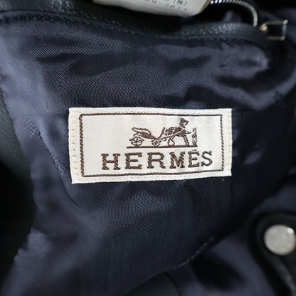 Hermes Neck Button Cow Leather Single Riders Jacket Black