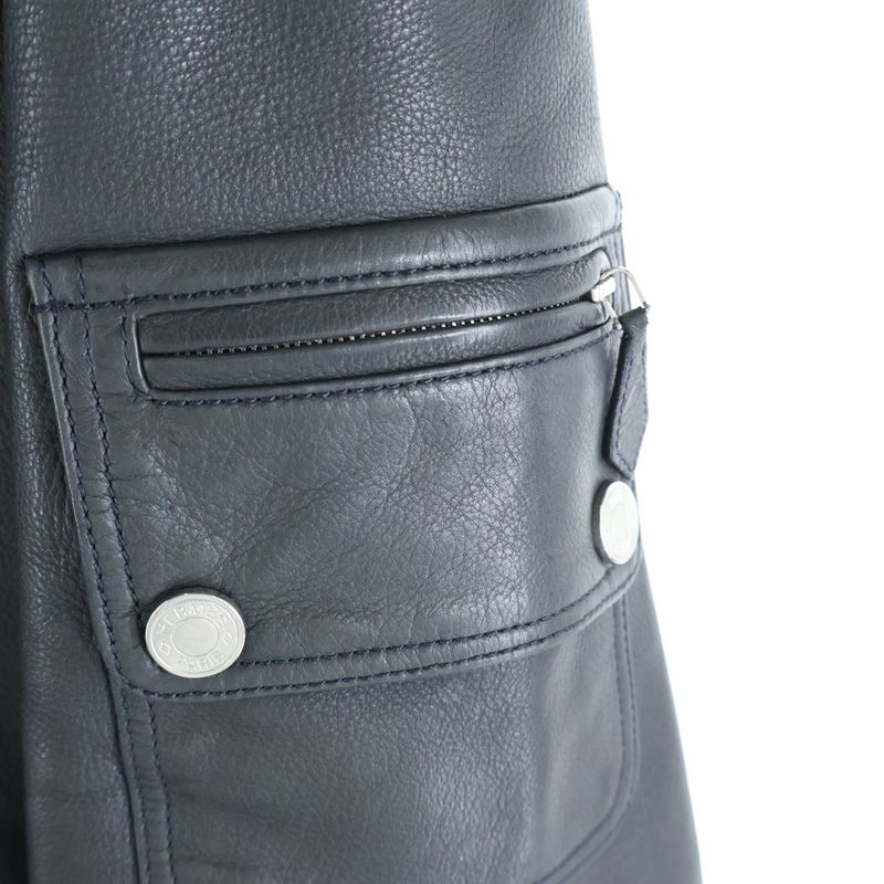 Hermes Neck Button Cow Leather Single Riders Jacket Black
