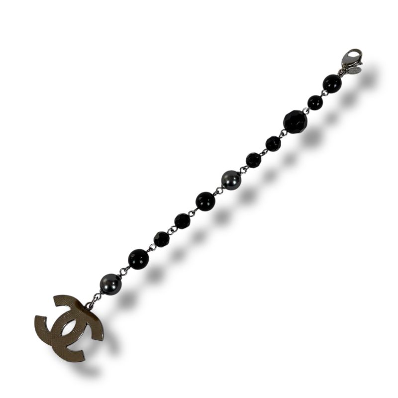 Chanel Coco Mark Black Lipped Pearl Bracelet Plastic Coco Mark Gunmetal Style