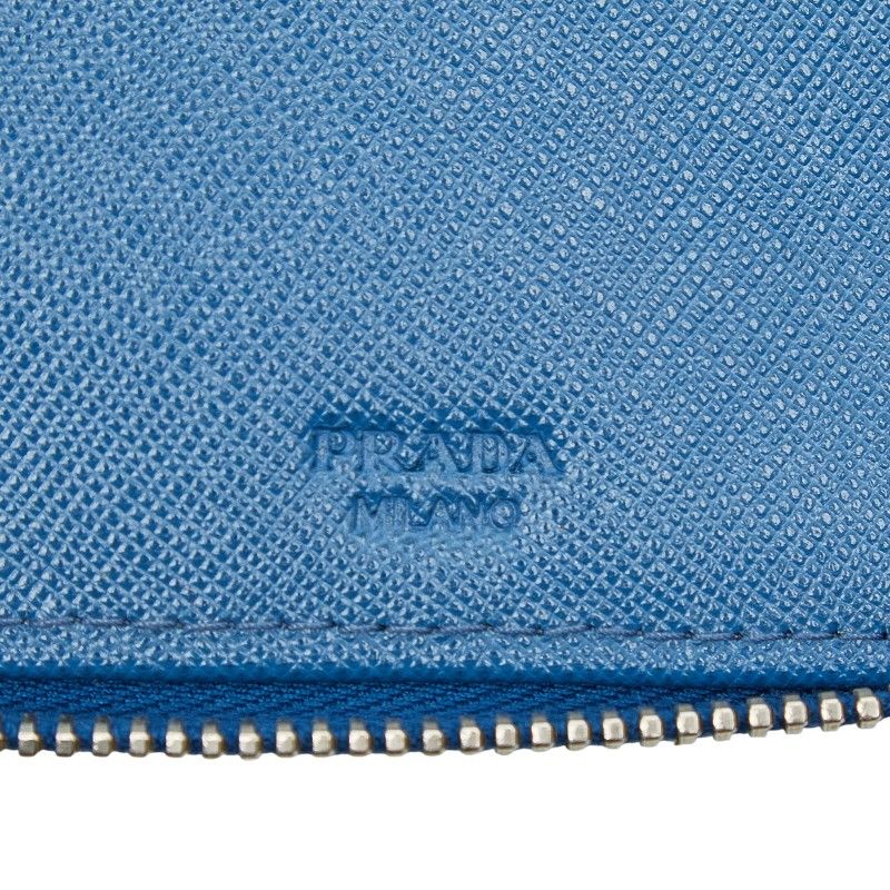 Prada Round Zipper Long Wallet Blue Saffiano Leather Women's Prada