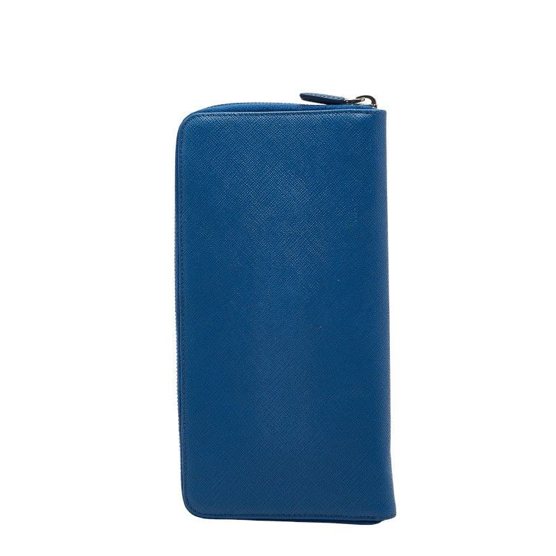 Prada Round Zipper Long Wallet Blue Saffiano Leather Women's Prada
