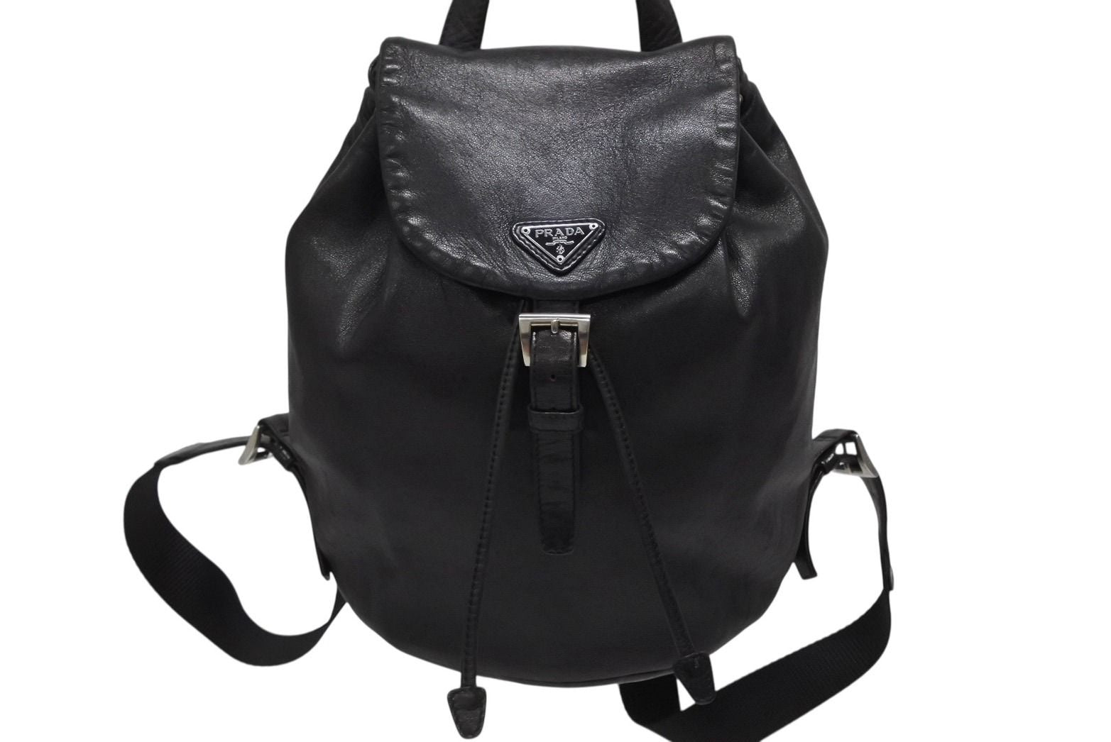 Prada Backpack Triangle Plate Logo Black Silver Leather 4 — view 2