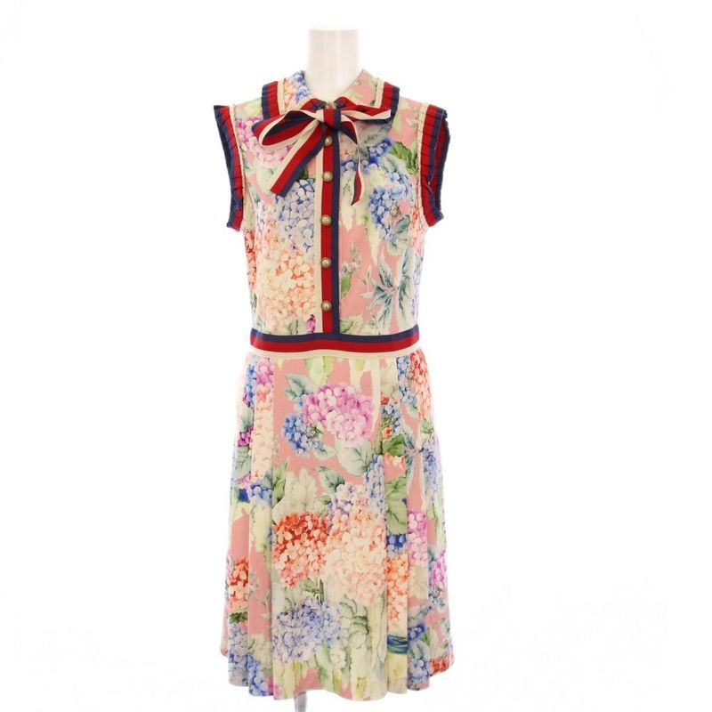 Gucci Sherry Line Ribbon Dress Sleeveless Knee Length Floral Pattern S Multicolo