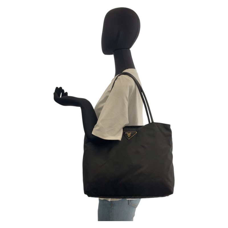Prada Tessuto Triangle Logo Plate Black Gold Hardware Nylon Tote Bag Shoulder