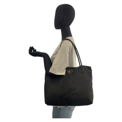 Prada Tessuto Triangle Logo Plate Black Gold Hardware Nylon Tote Bag Shoulder