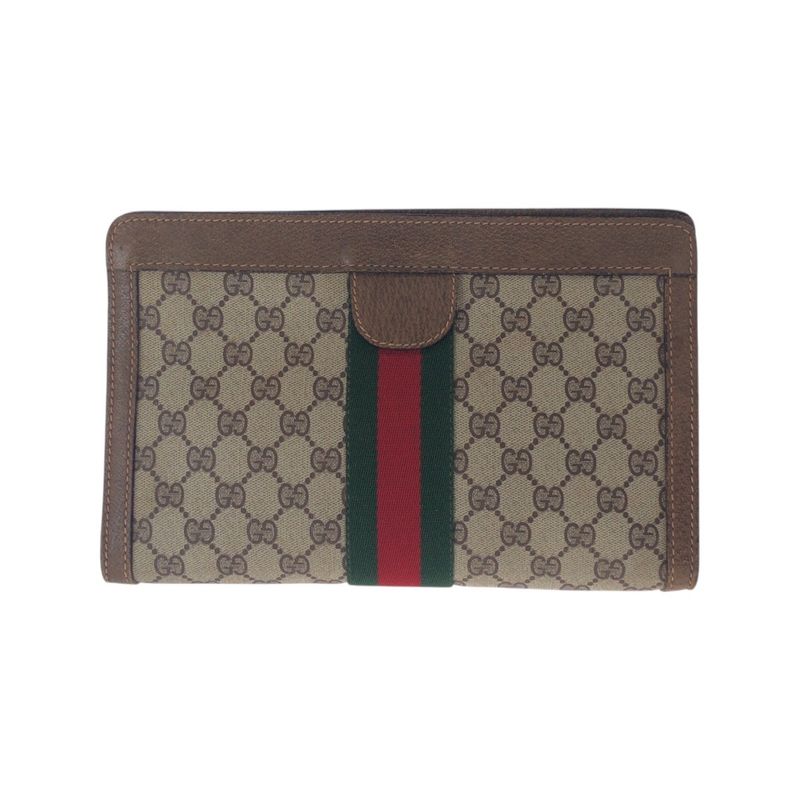 Gucci Vintage Sherry Line Brown Beige GG Supreme Canvas Clutch Bag Second Bag