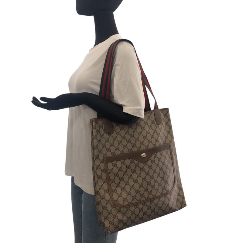 Gucci Vintage Sherry Line Beige Brown Gold Hardware Tote Bag Shoulder Bag